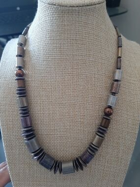 Handcrafted Metallic Brown and Silver Beaded Necklace